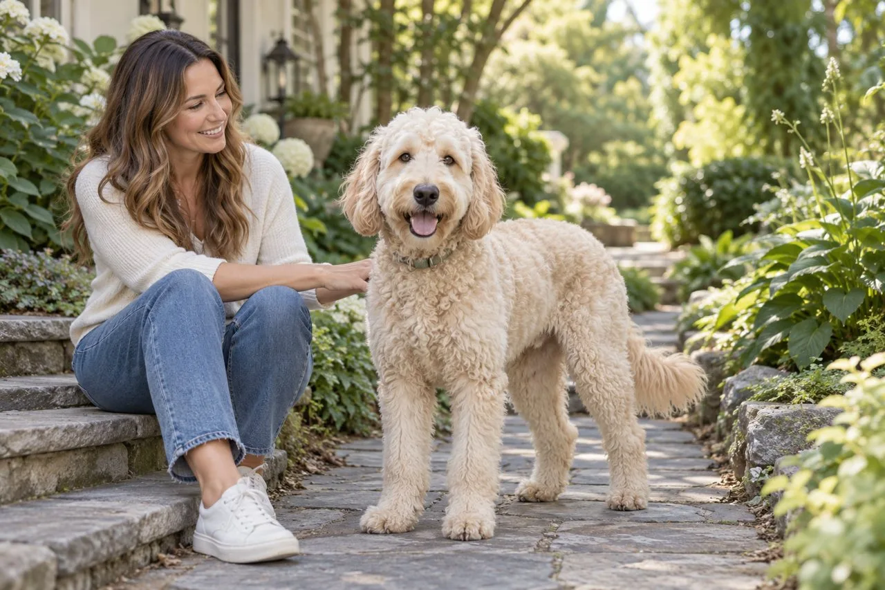 Cream Goldendoodle standing on a garden path beside its seated owner